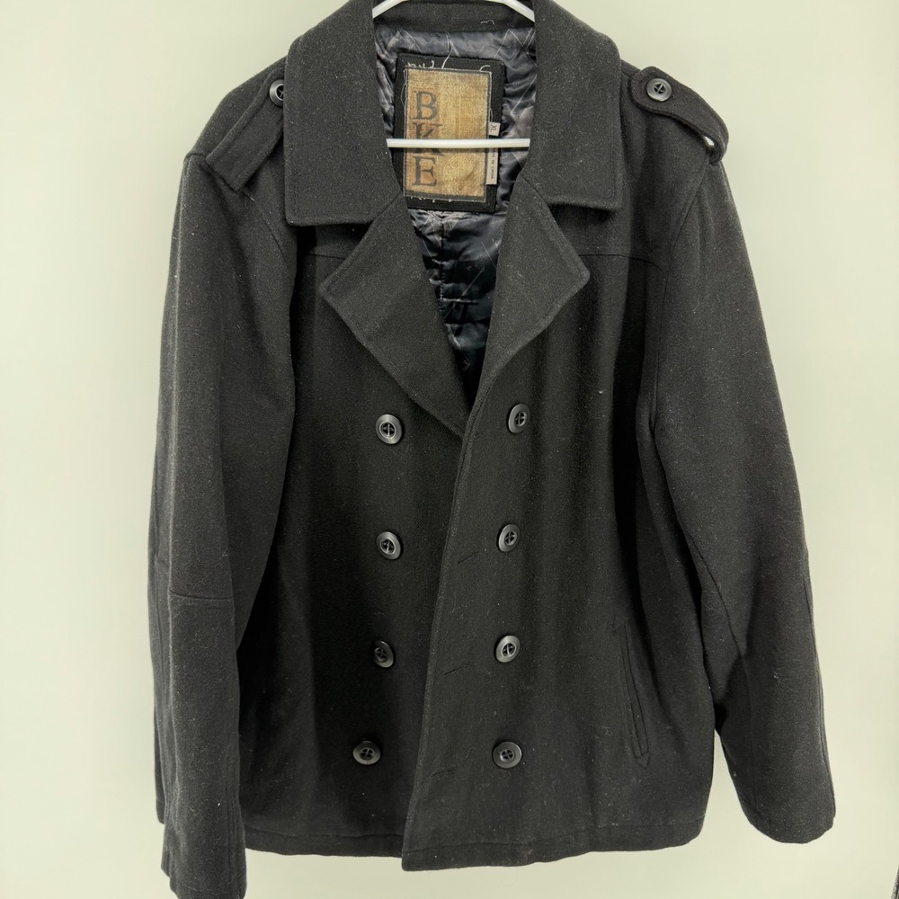 BKE Mens Black Wool Blend Double Breasted Pea Coat Jacket XL RN57686